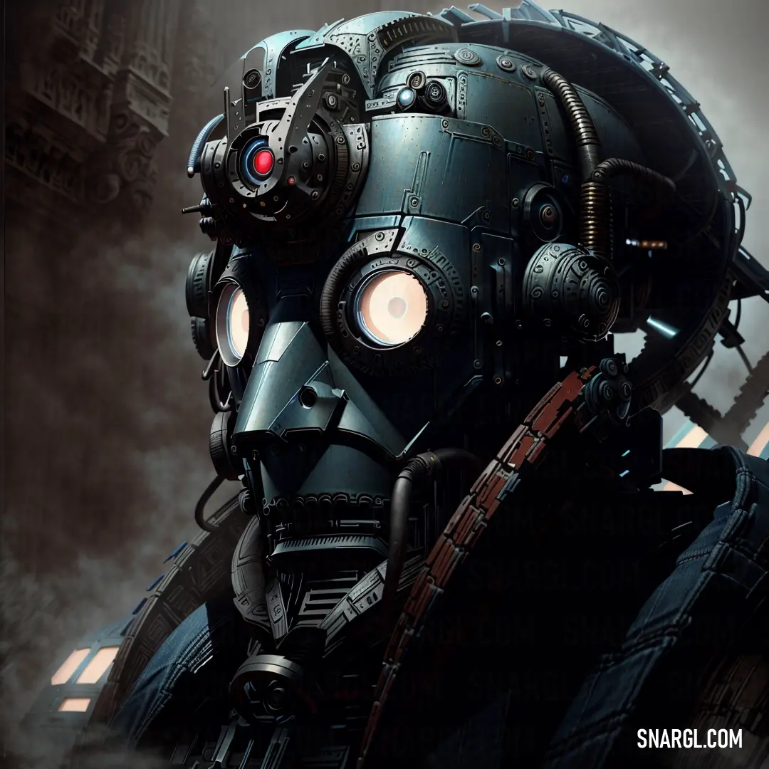 A robotic figure with a gas mask and a glowing red light on its face stands in front of an imposing building, its eerie presence amplified by the bold red and blue hues around it.