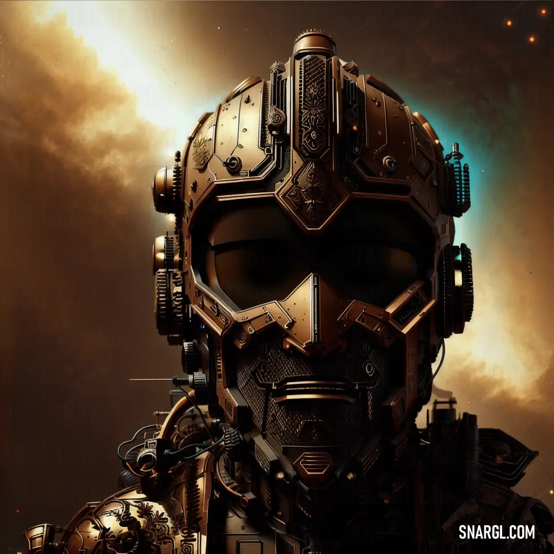 A robot with a sleek helmet and intricate gears on its face stands against a sky filled with soft clouds. The detailed design of the robot reflects its advanced technology, while the background suggests a futuristic world.