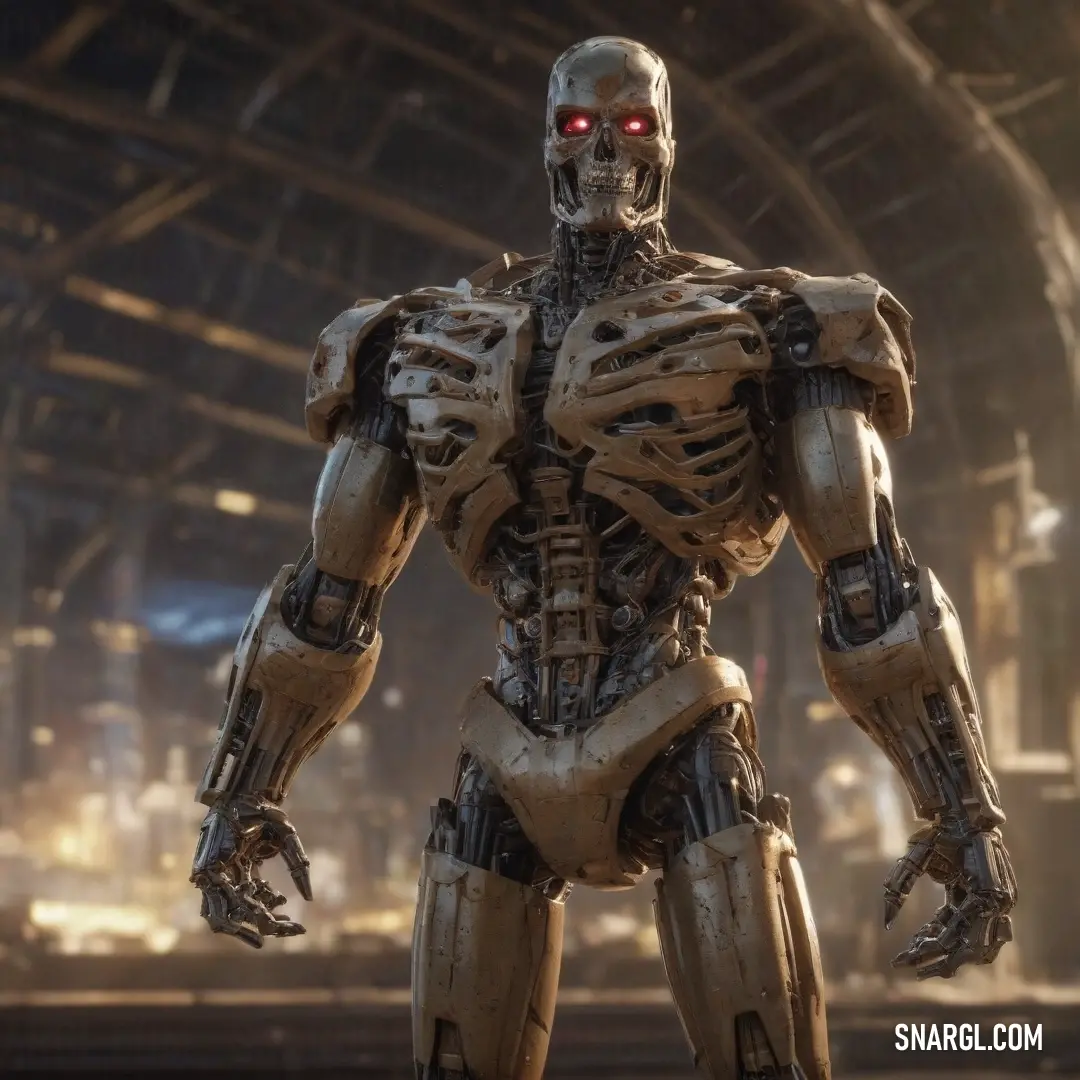 A futuristic robot with glowing red eyes stands against a backdrop of industrial metal structures in a warehouse. Its imposing form adds a sense of mystery, enhanced by its dark metallic finish and the powerful red glare of its eyes.