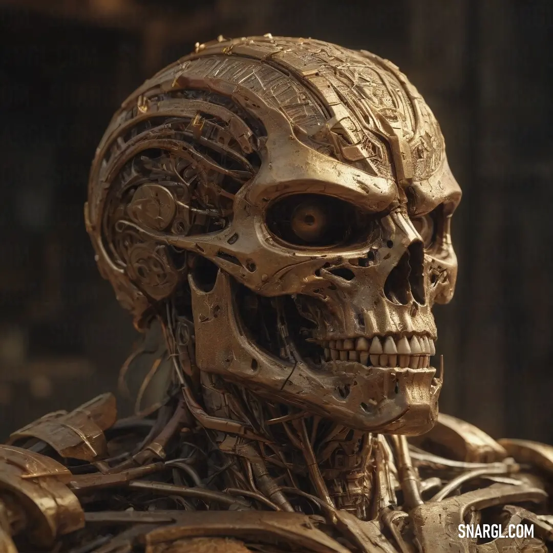 A mechanical skeleton with gears embedded in its face and neck stares ahead with a mechanical arm and head. Its intricate design combines organic form with machine elements, creating a striking fusion of technology and anatomy.