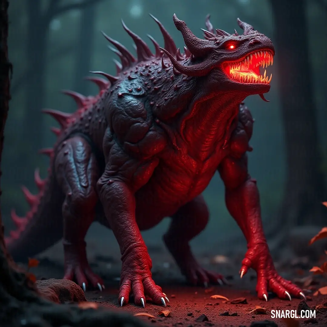 In a lush forest, a playful toy Godzilla with a captivating red glow on its face captures attention. Surrounded by trees and leaves, it evokes a sense of whimsy and adventure, blending fantasy with the beauty of nature.