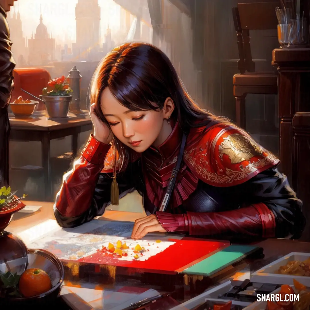 Woman in a red jacket is writing on a piece of paper with a knife and a bowl of fruit