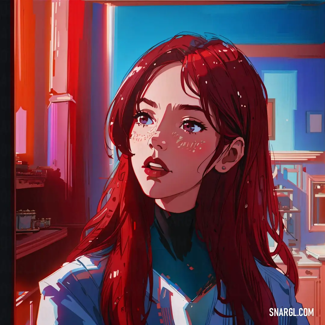 Woman with long red hair and a blue shirt is looking away from the camera in a room with red walls. Color #480607.