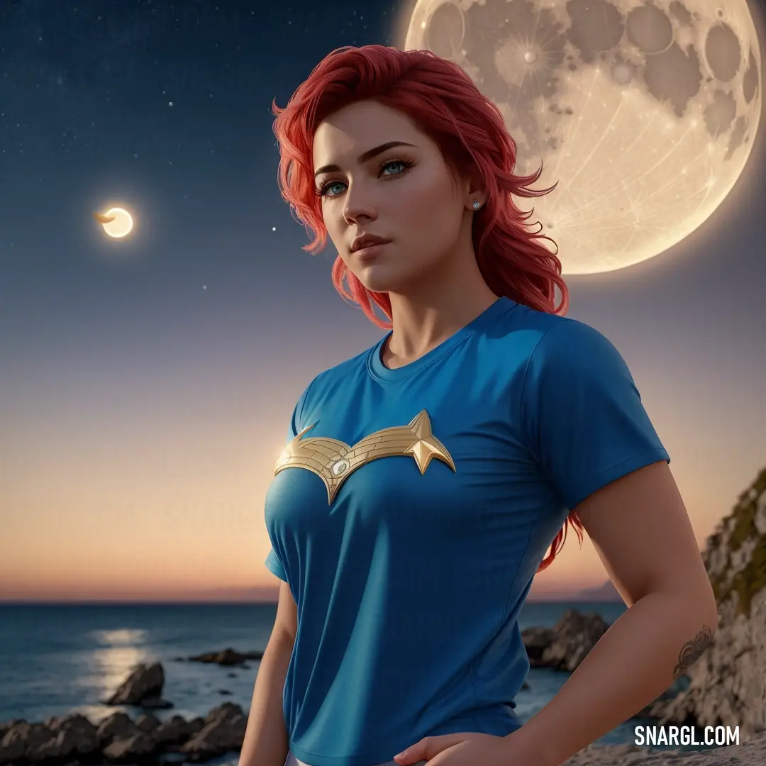 Woman with red hair standing in front of the ocean with a full moon in the background and a star in the sky