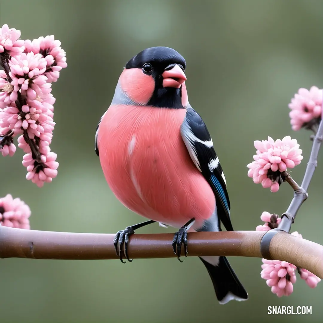 Bullfinch is on a branch with pink flowers in the background