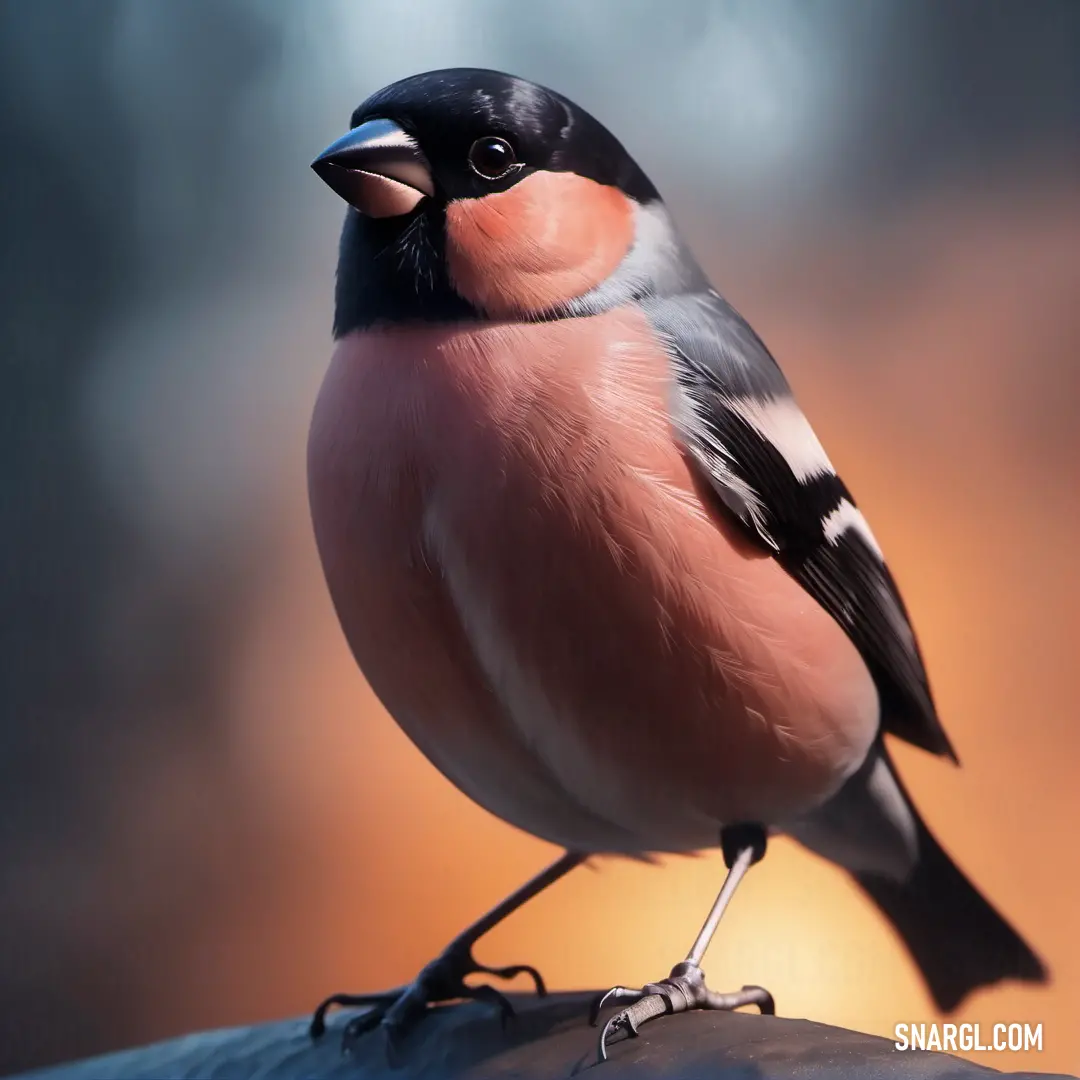 Bullfinch is perched on a rock with a blurry background