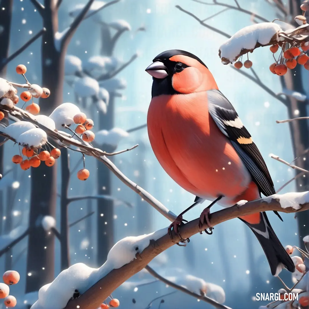Bullfinch on a branch in a snowy forest with berries on it's branches