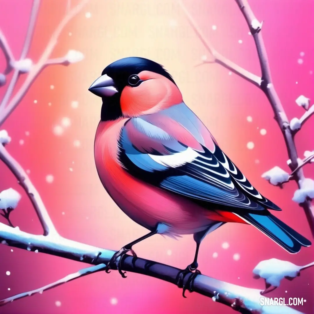 Bullfinch on a branch in a tree with snow on it's branches and a pink background