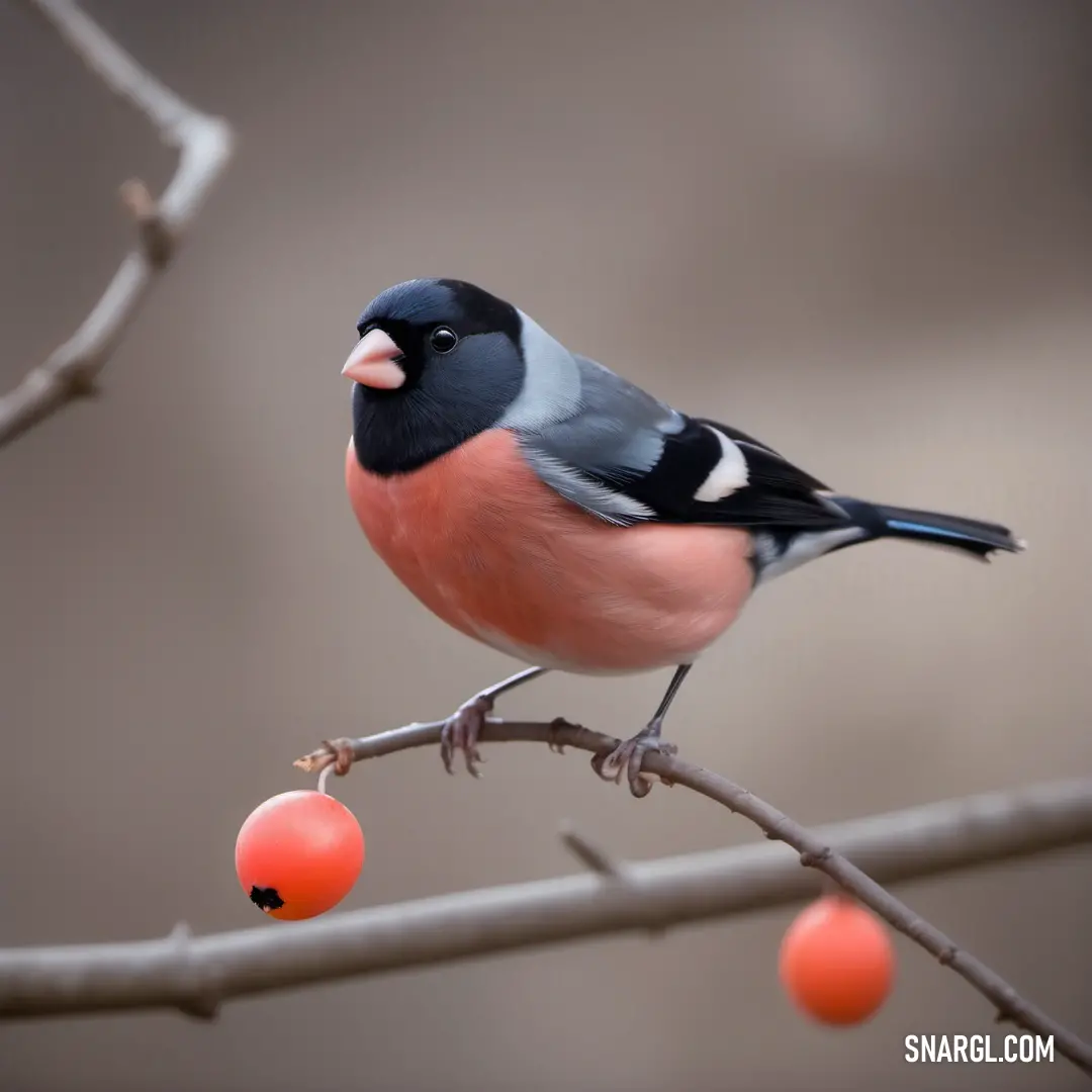 Bullfinch on a branch with berries in its beaks and a blurry background of branches