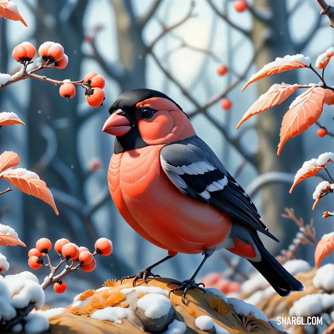 Bullfinch on a branch with berries on it's tree branch and snow on the ground behind it