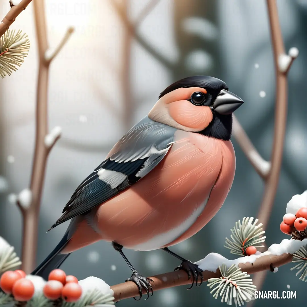 Bullfinch on a branch of a tree with berries and pine cones on it's branches in the snow