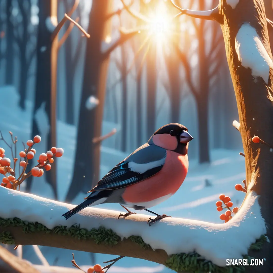 Bullfinch on a branch in a snowy forest with berries and sun shining through the trees behind it