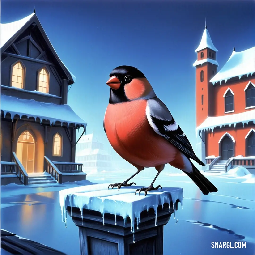 Bullfinch on top of a roof in the snow next to a building with a clock tower in the background