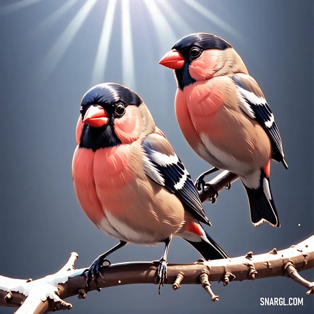 Two birds on a branch with the sun shining behind them and a blue sky behind them with white beams