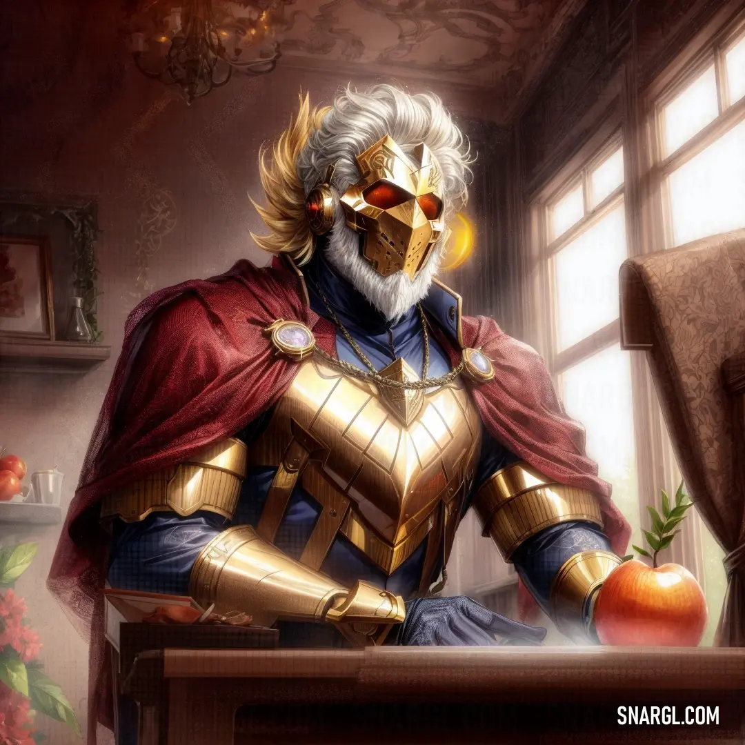 Man dressed as a knight with a golden armor and a beard and a red cape is at a desk. Example of RGB 128,0,32 color.