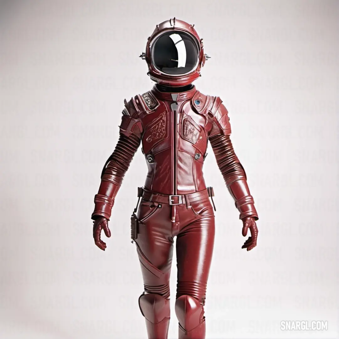 Man in a red leather suit and helmet walking away from the camera with a white background. Color CMYK 0,100,75,50.