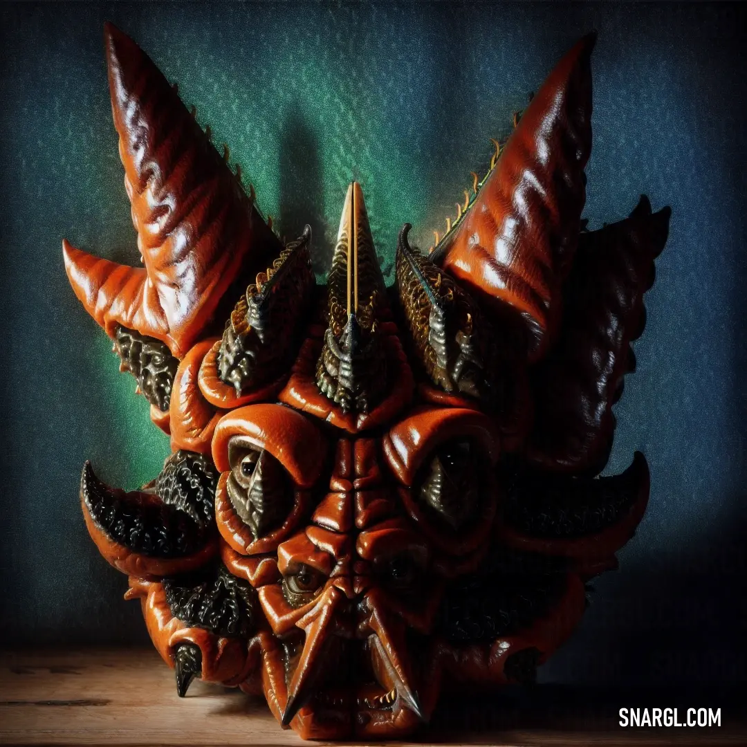 Mask with horns and horns on it's head is shown in front of a wall with a blue background. Color CMYK 0,100,75,50.