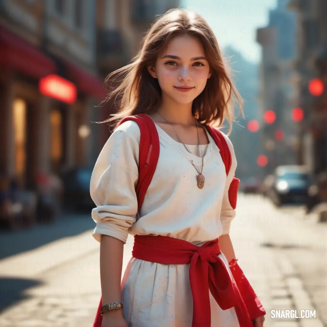 Woman standing on a street with a red purse in her hand and a red tie around her neck. Example of CMYK 0,100,75,50 color.