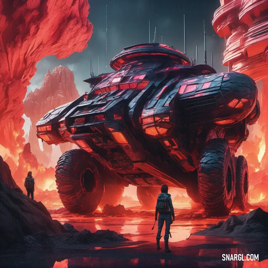 Futuristic vehicle with a man standing in front of it in a desert landscape with lava and rocks. Color CMYK 0,100,75,50.