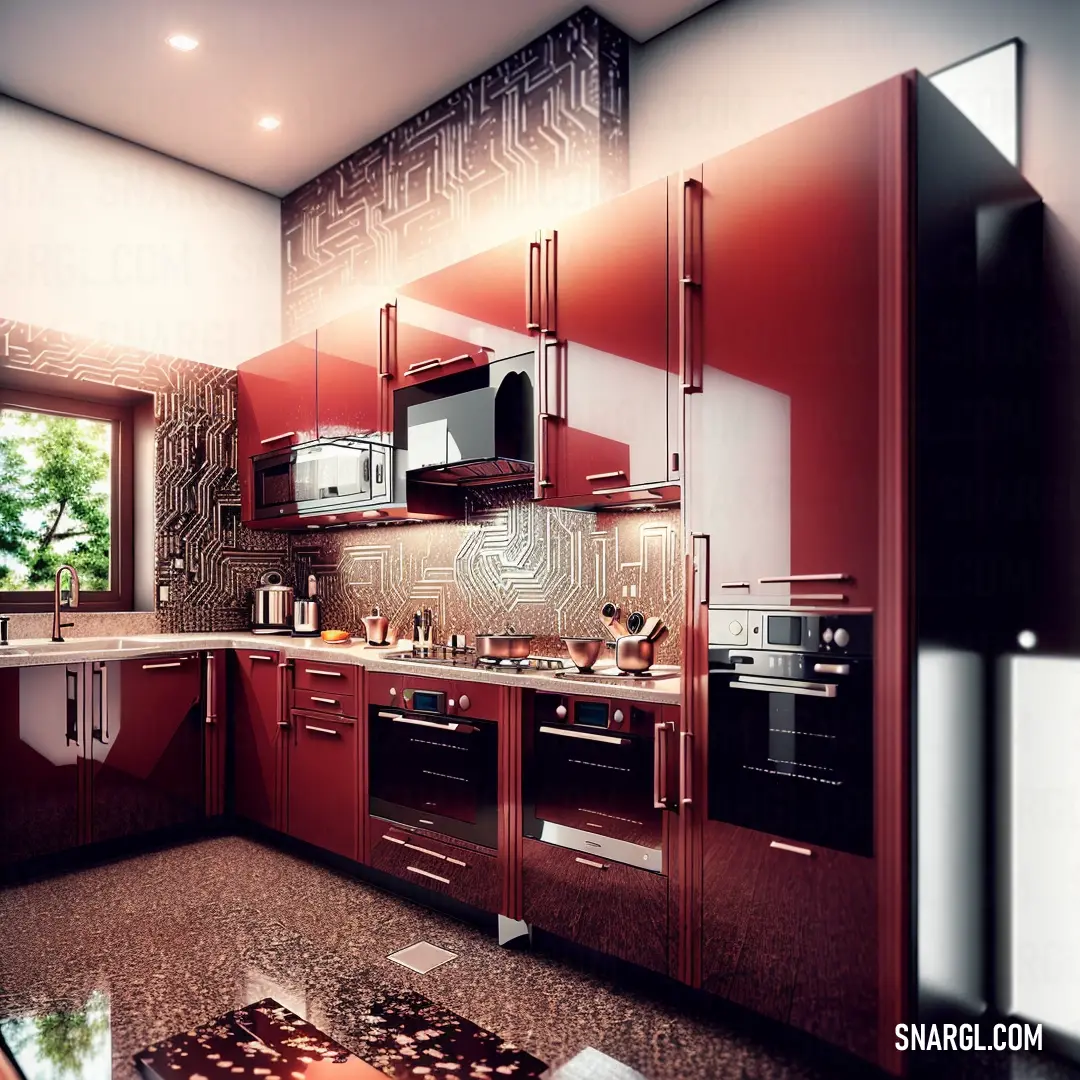 Burgundy color example: Kitchen with a red cabinet and a black counter top and a window with a tree outside of it