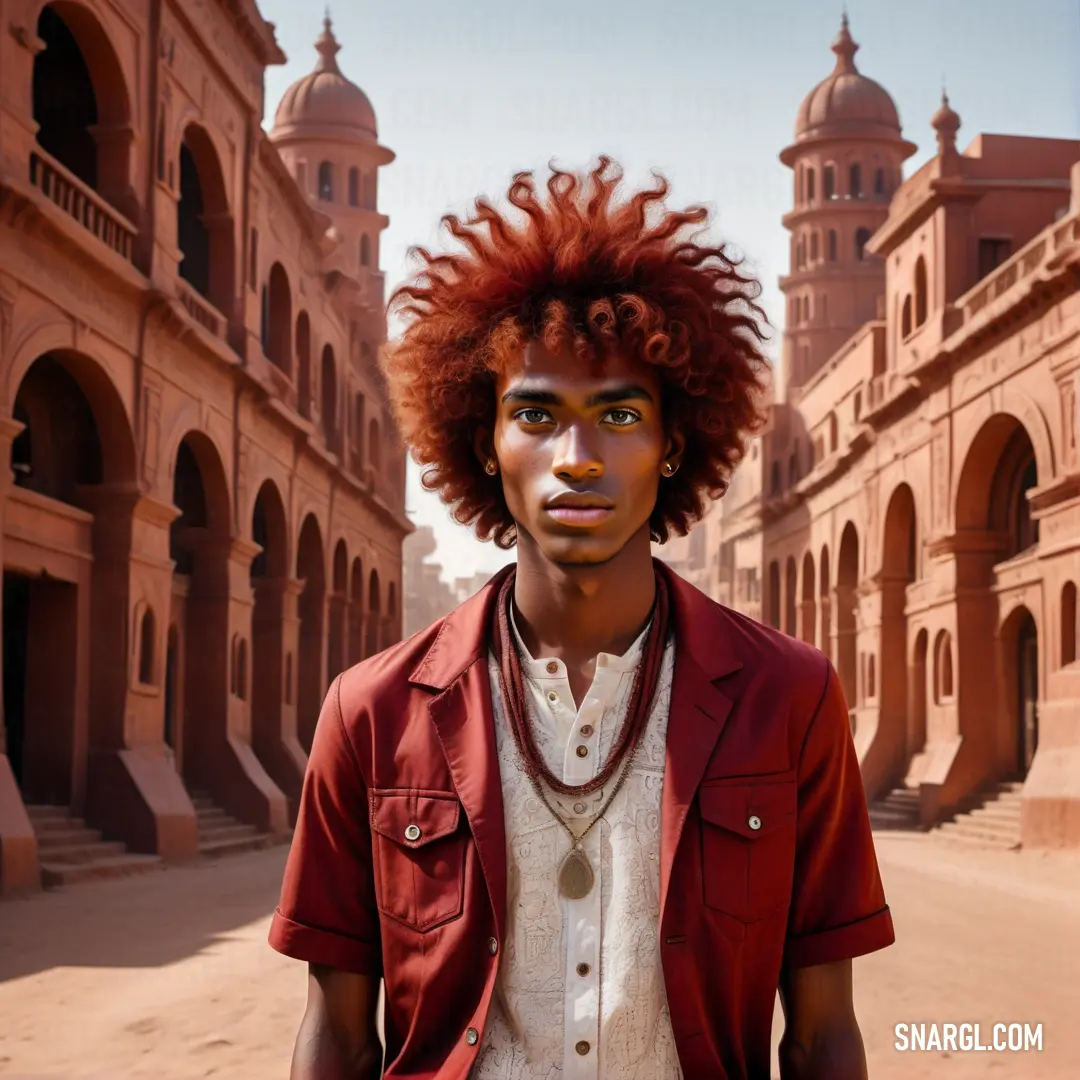 Man with a red afro standing in front of a building with arches and arches on it's sides. Color Burgundy.