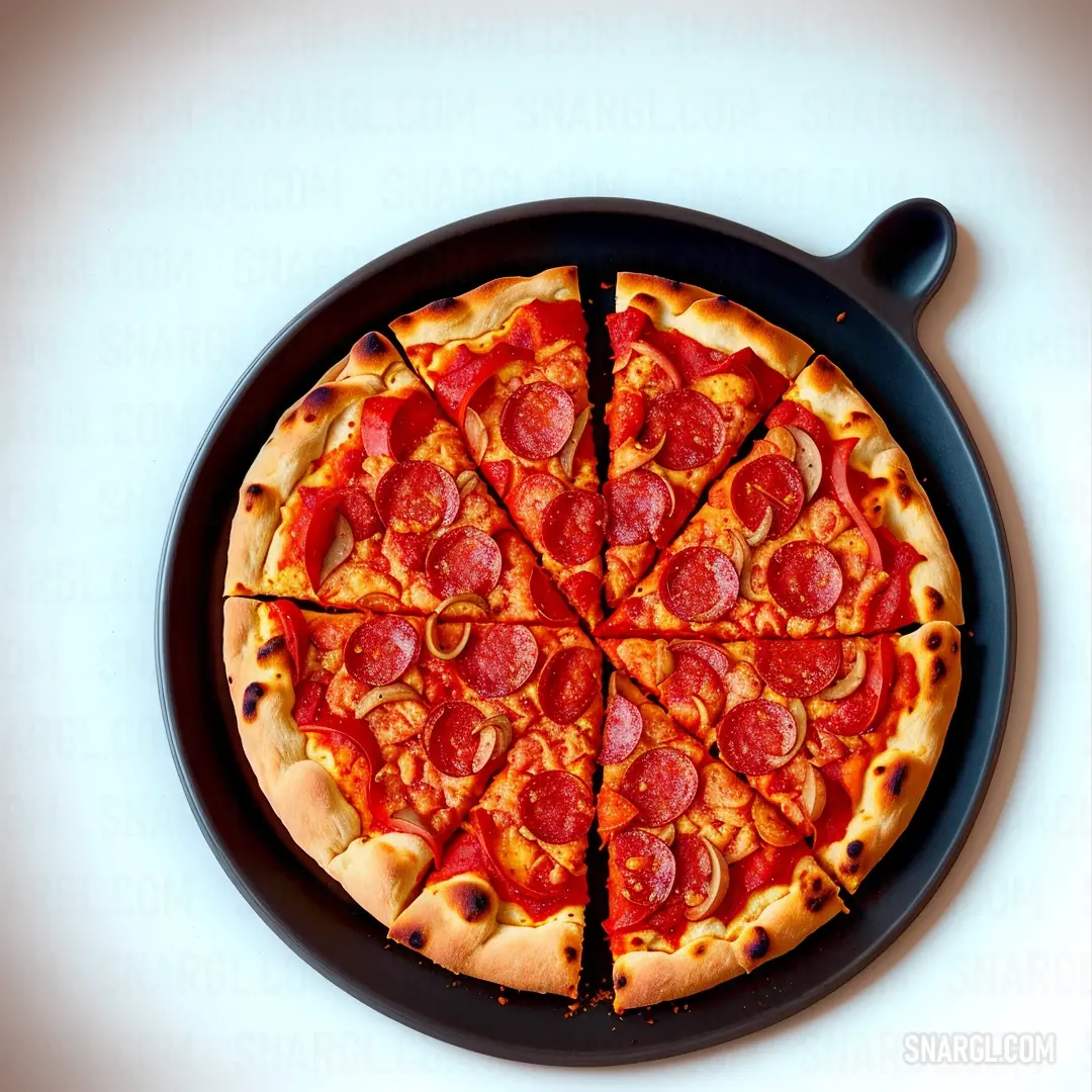 Burgundy color example: Pizza with pepperoni and cheese on a black plate on a white table top