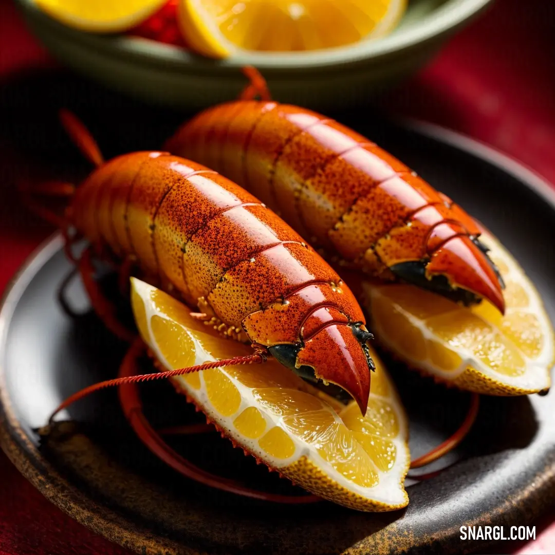 Plate of lobsters with lemon slices on them and a bowl of lemons in the background on a table