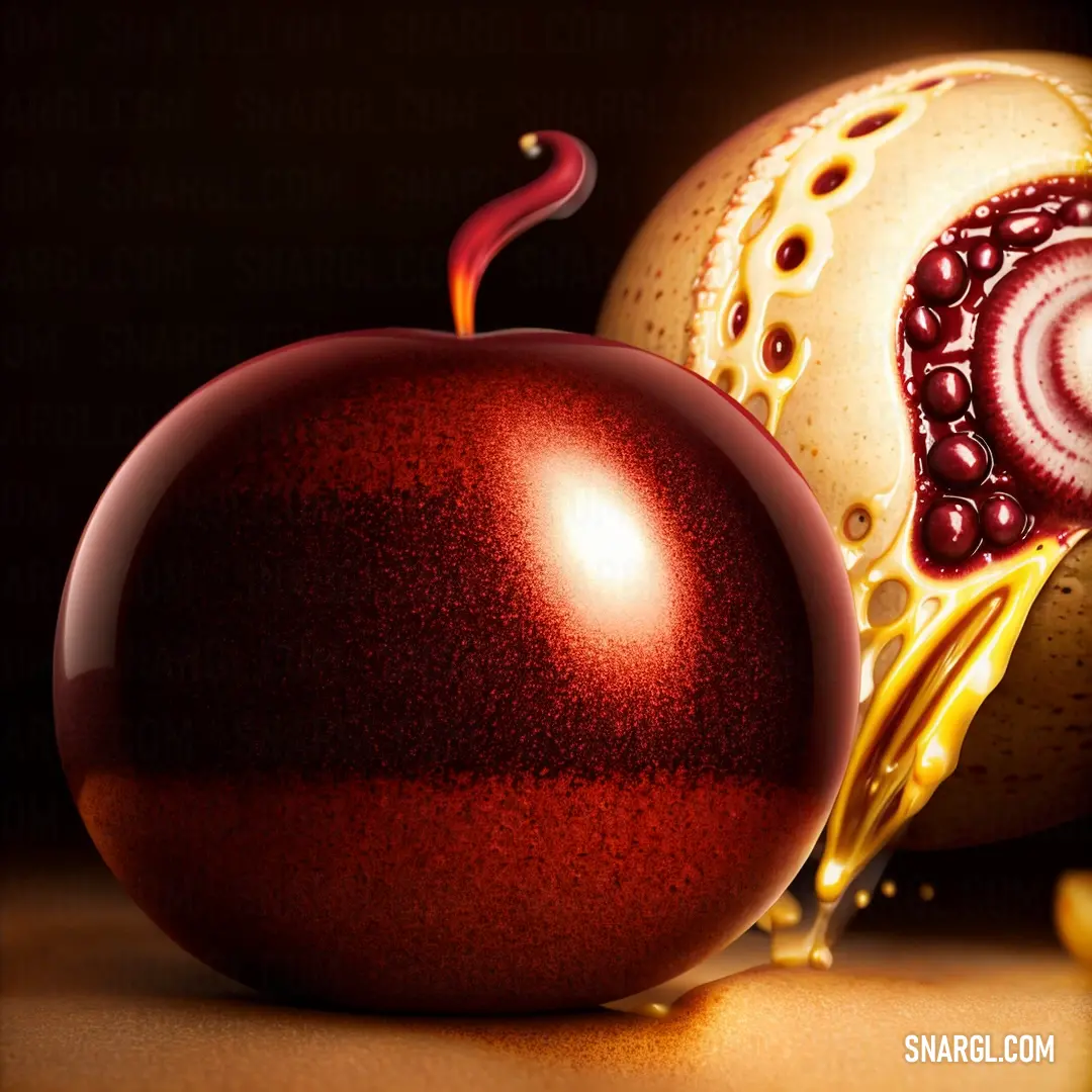 Red apple with a slice of banana next to it on a table with a brown background and a yellow substance