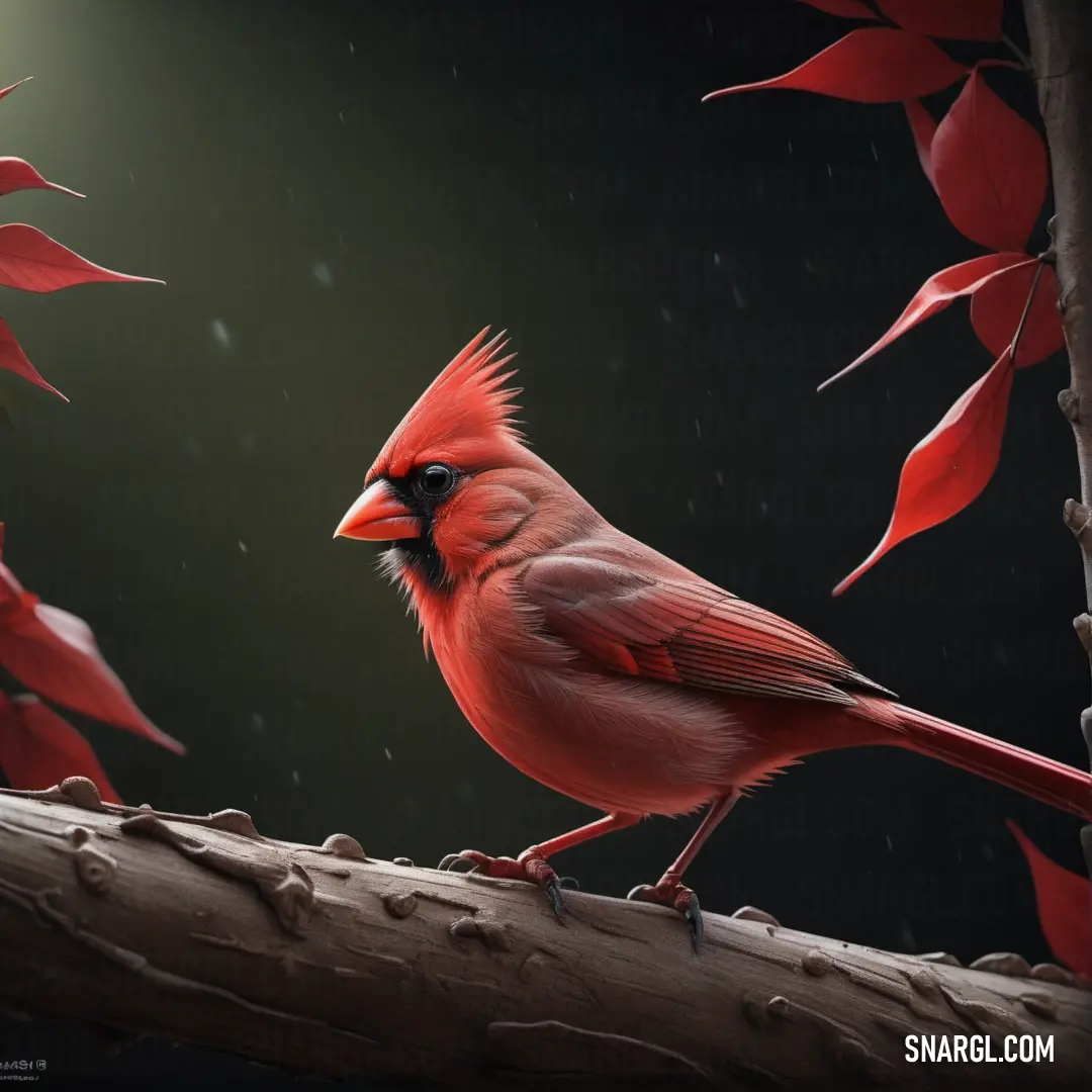 Red bird on a branch with red leaves on it's back and a full moon in the background. Color CMYK 0,100,75,50.