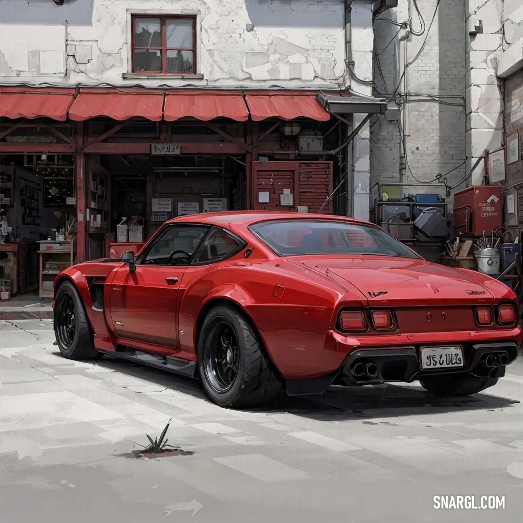 Red car parked in front of a building with a red awning on it's roof. Example of CMYK 0,100,75,50 color.