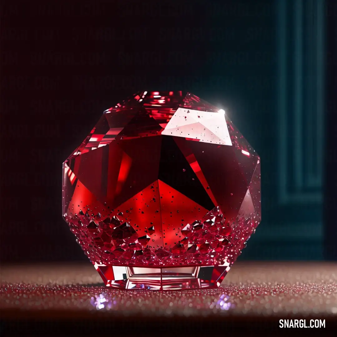 Red diamond on top of a table next to a wall of windows and a door way in the background