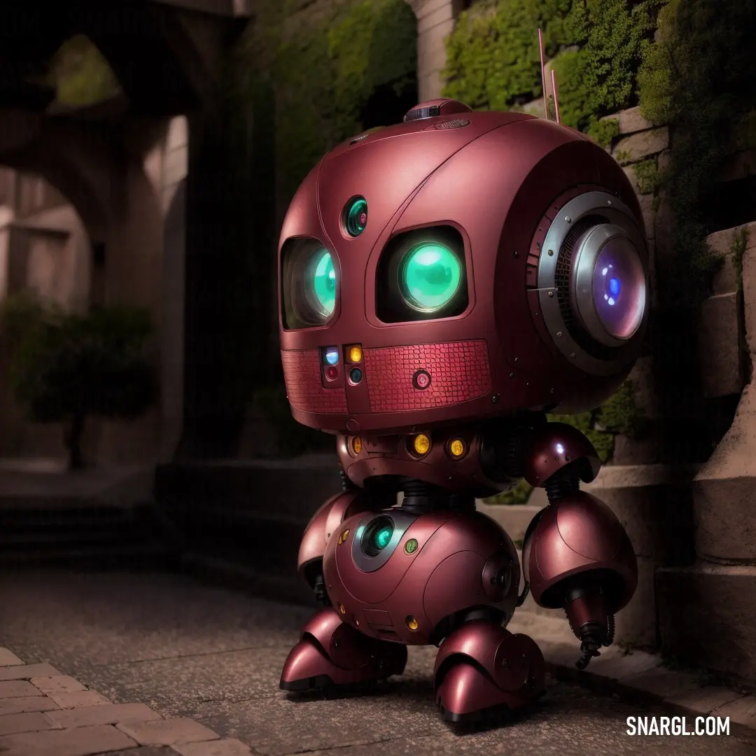 Red robot with green eyes standing on a sidewalk next to a building with a plant growing on it