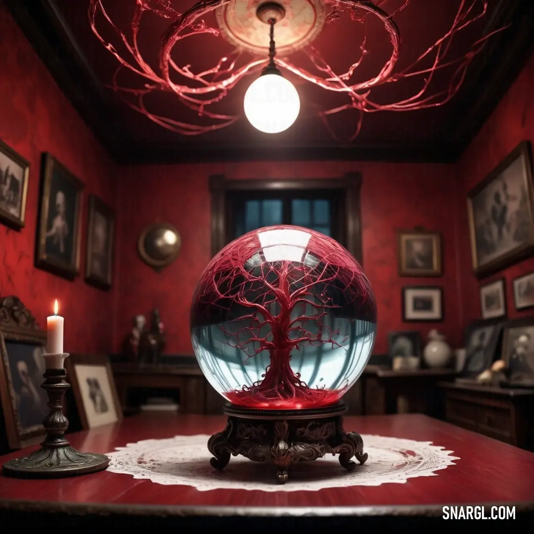 Red table with a glass ball with a tree inside of it. Color Burgundy.