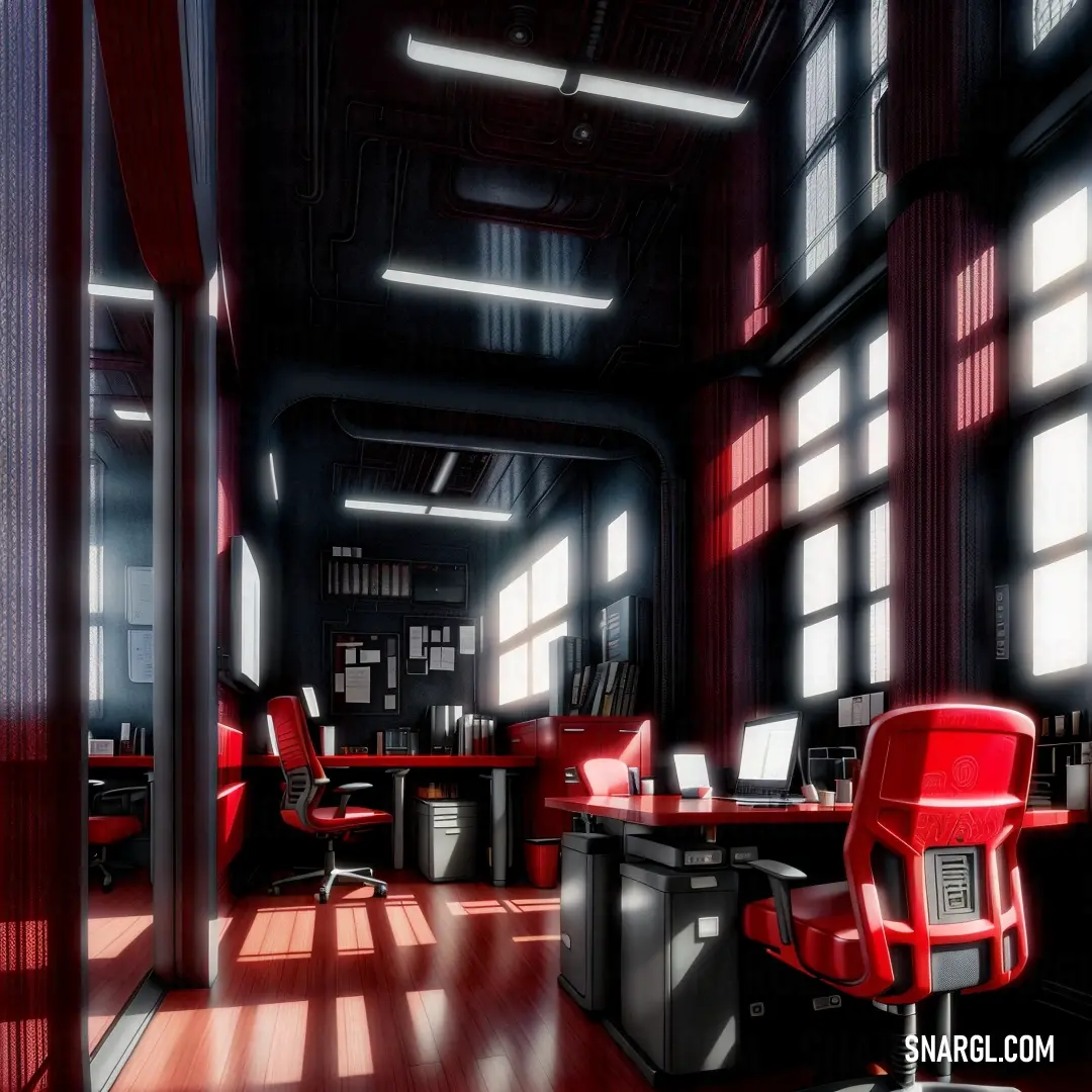 Room with a lot of red chairs and a desk with a computer on it and windows and a light coming through. Example of #800020 color.