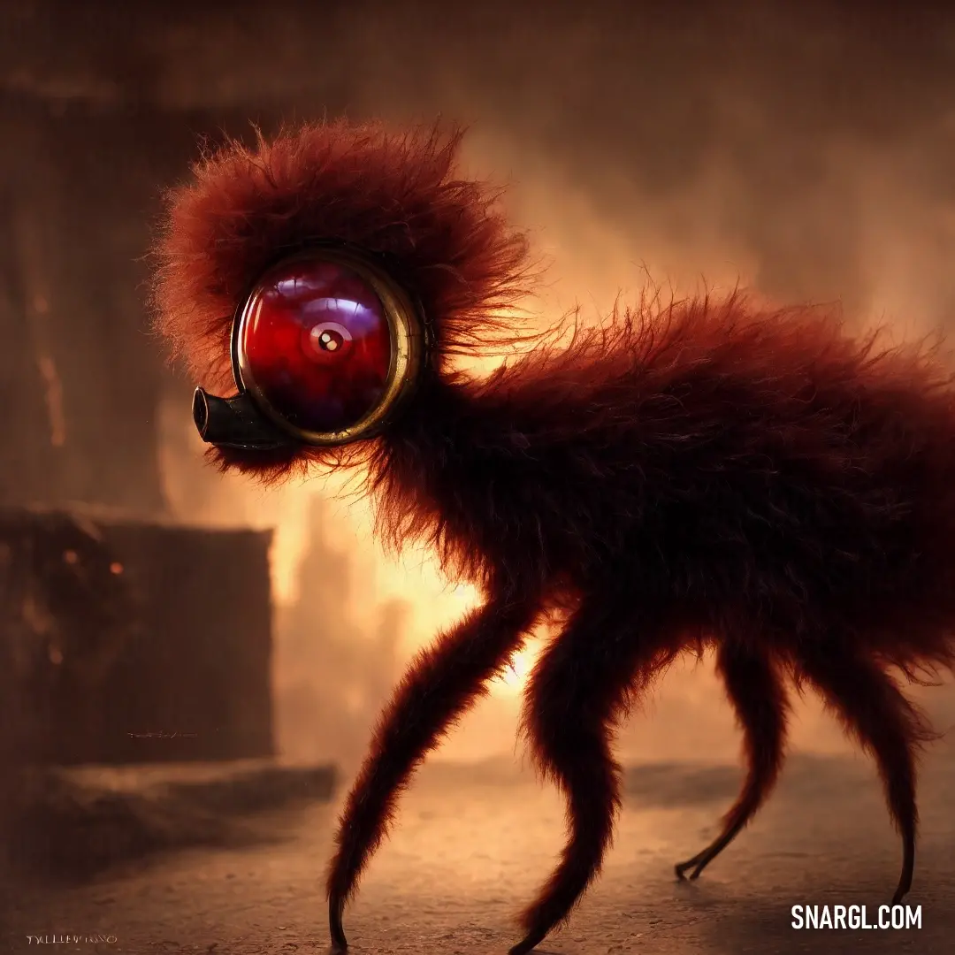 Strange looking object with a red eyeball in its mouth. Example of Burgundy color.