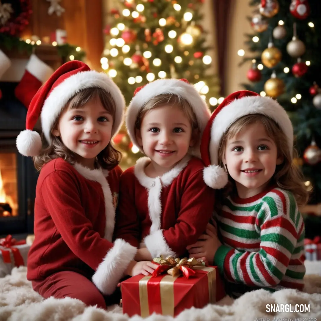 Three children in christmas outfits next to a christmas tree with presents in front of them. Color #800020.
