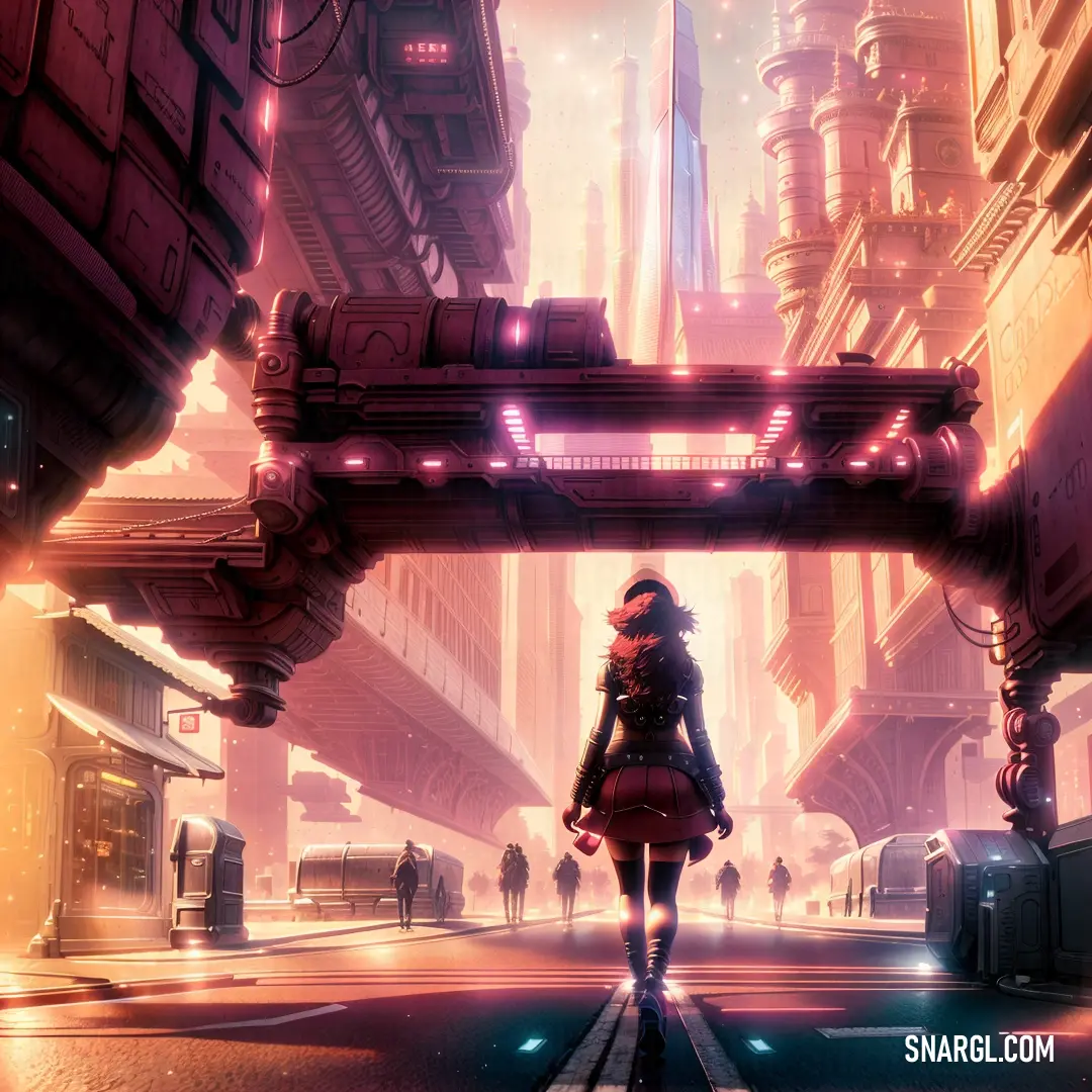 Woman walking through a futuristic city at night with neon lights on her face