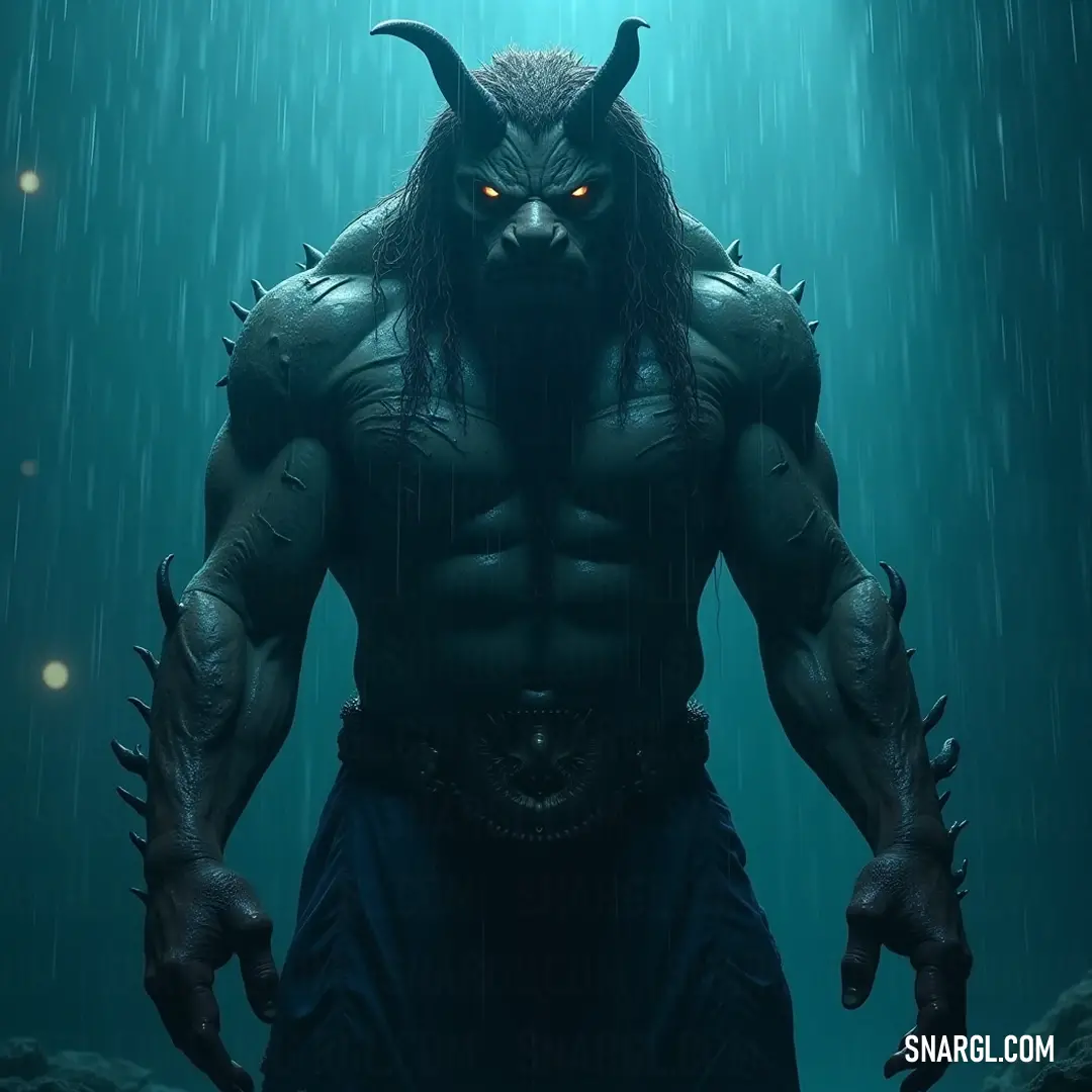 A resilient Buri stands confidently in the rain, hands on hips, embodying strength and defiance. With closed eyes, he embraces the downpour, his unique horned head framing a silhouette that speaks to the power of nature and inner peace.