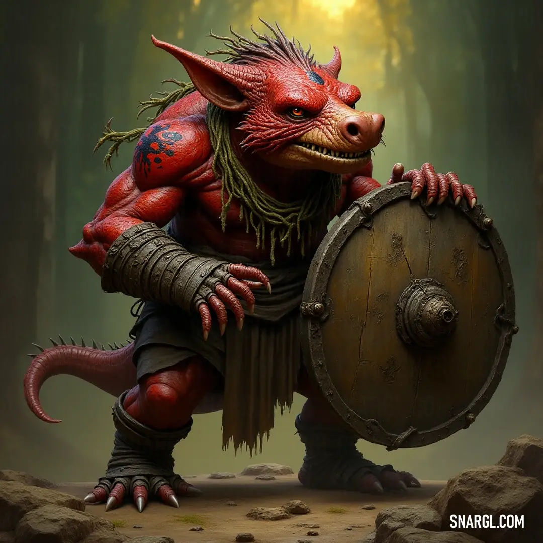 A proud red warrior with a shield and helmet in a vibrant forest. A proud red warrior, clad in a sturdy helmet and shield, poses confidently atop a rugged rock, surrounded by a dense forest, radiating strength and determination.