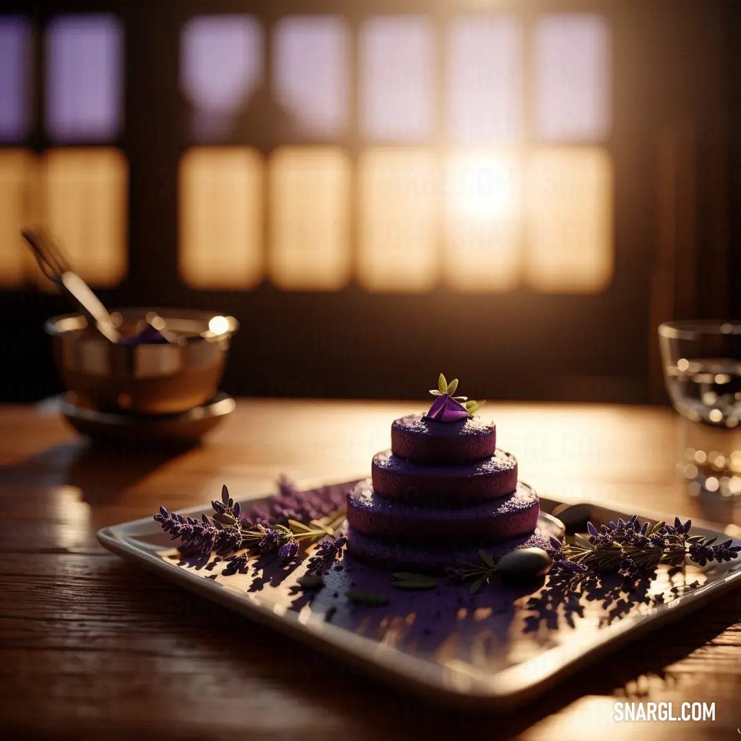Plate with a purple cake on it and a glass of water on the side of it on a table
