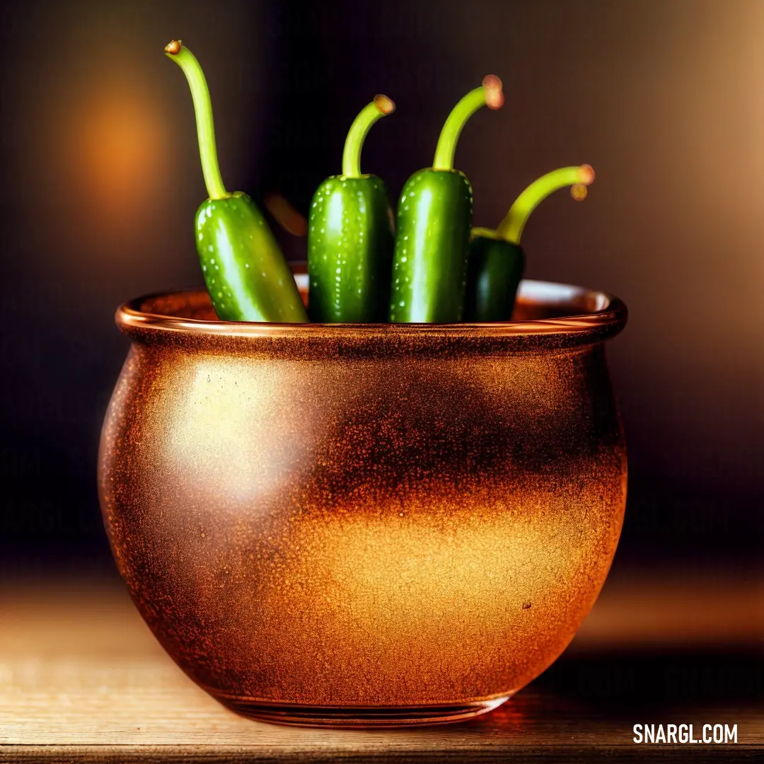 Brown bowl filled with green peppers on top of a table next to a wall