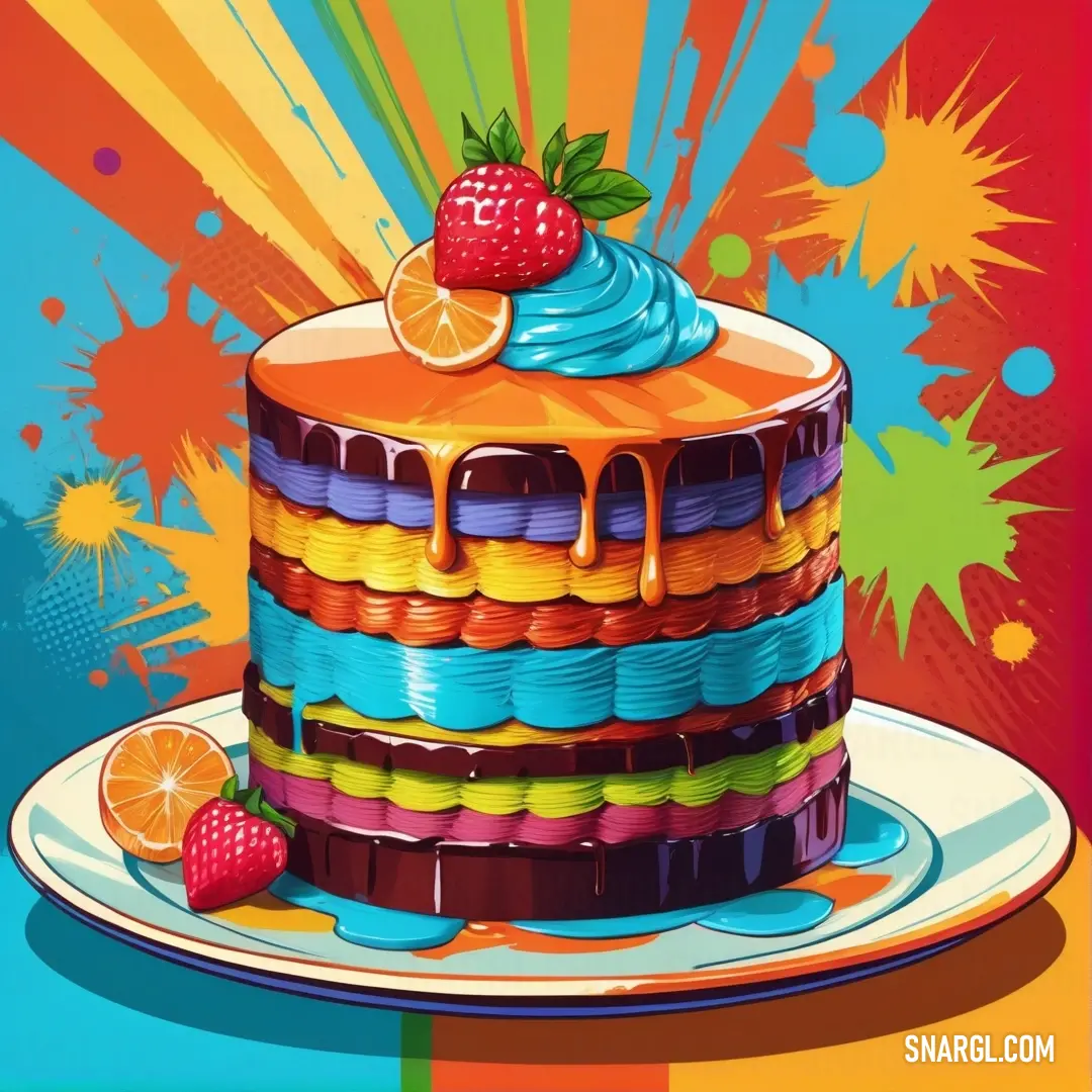 Colorful cake with a strawberry on top of it on a plate with a splash of paint behind it. Example of RGB 204,85,0 color.
