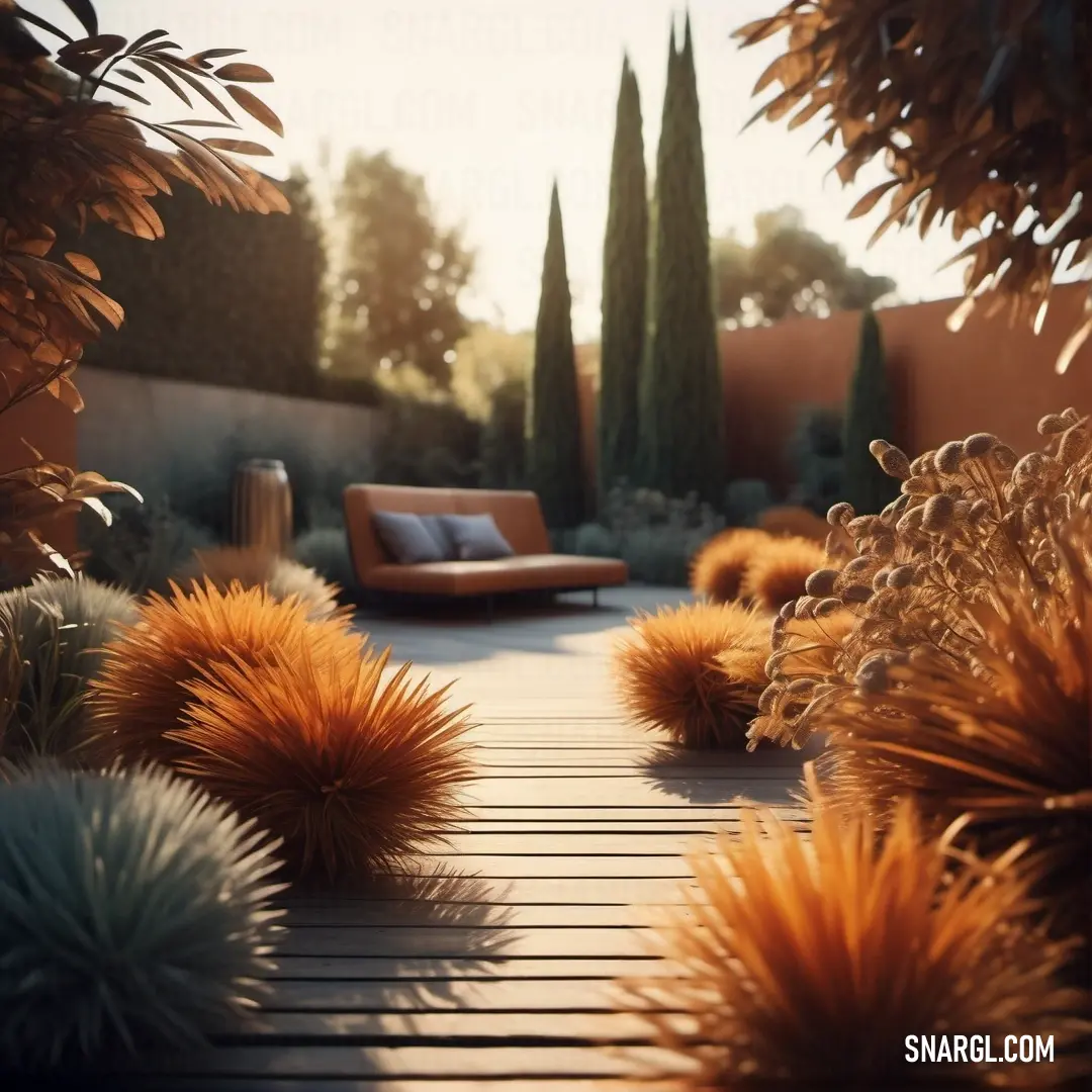 Wooden walkway surrounded by plants and a bench in the background. Color CMYK 0,58,100,20.