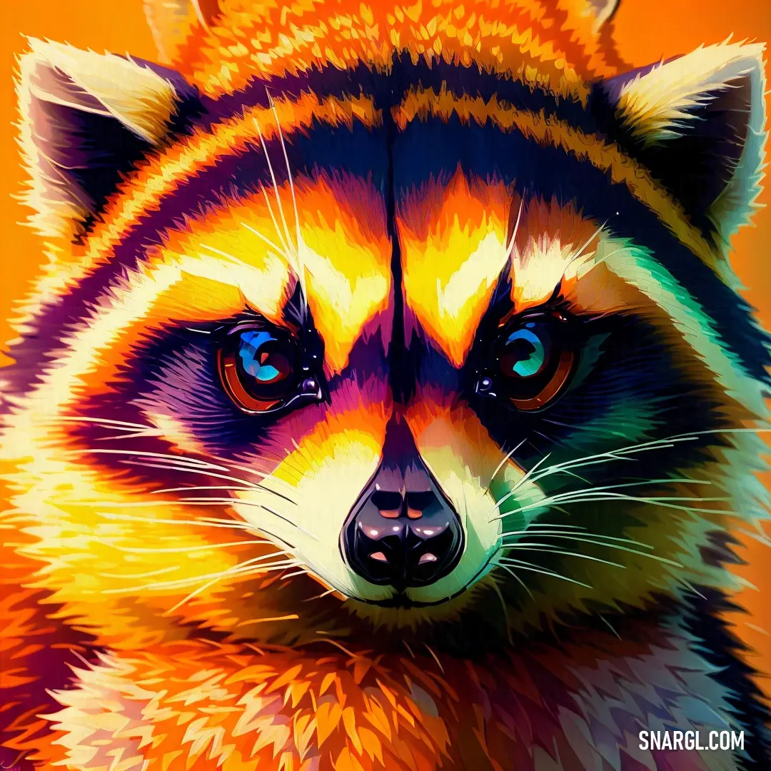 Colorful raccoon is shown in this picture with a yellow background and a blue eye and a black nose