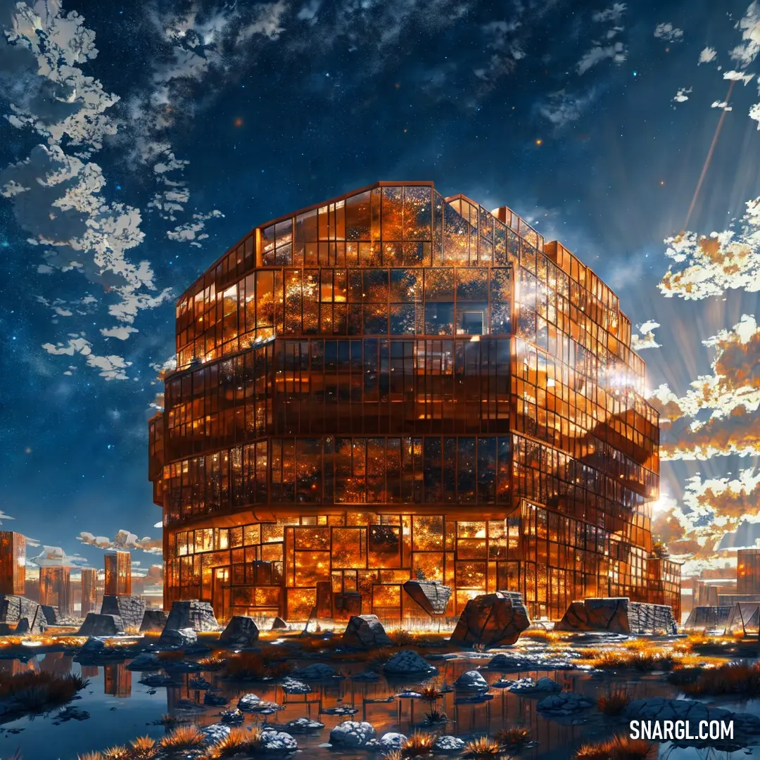 Futuristic building with a lot of windows and lights on it's sides and a sky filled with clouds