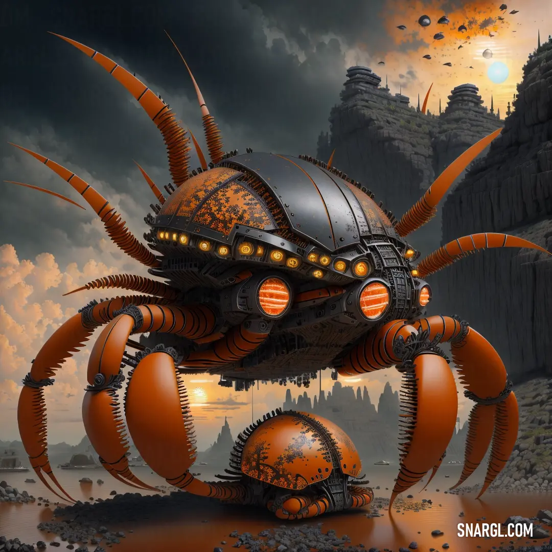 Giant orange crab with a helmet on its head and legs