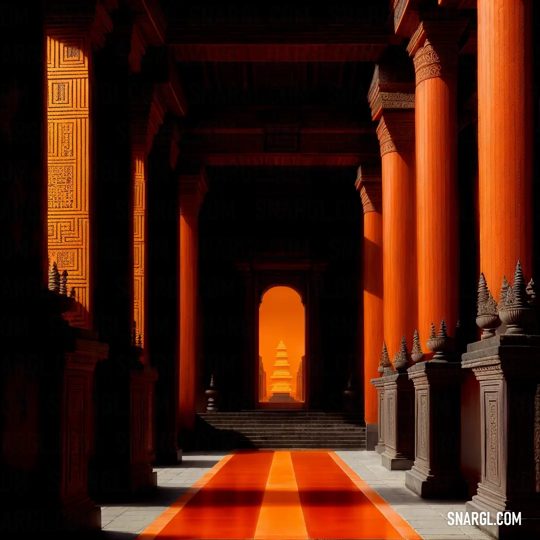 Hallway with columns and a red carpet on the floor and a light at the end of the hallway
