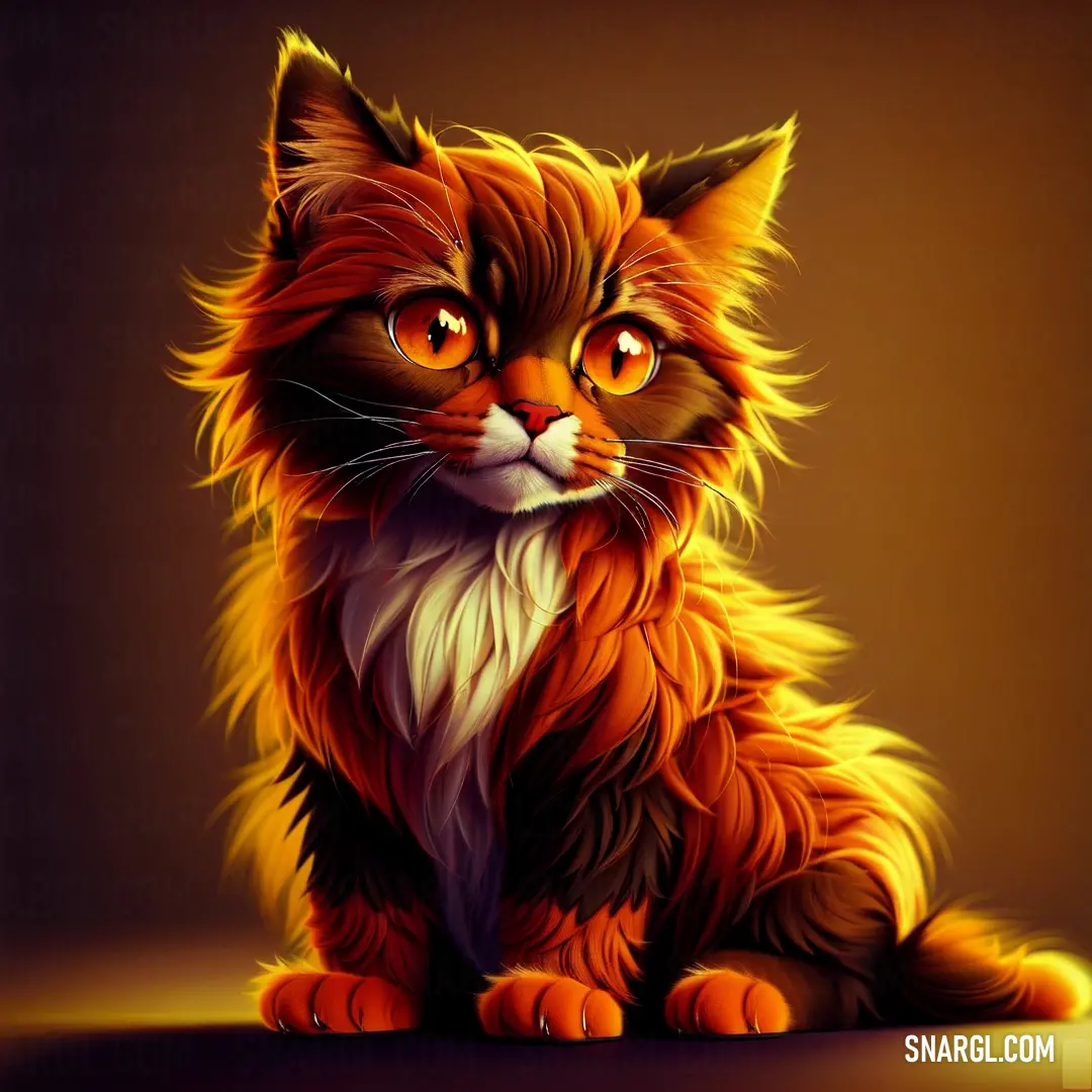 Painting of a cat with orange eyes and a white tail down on a brown background