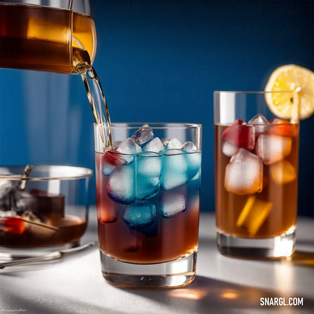 Pitcher pouring a glass of ice tea with a lemon wedge in it and a bowl of ice tea. Color #CC5500.