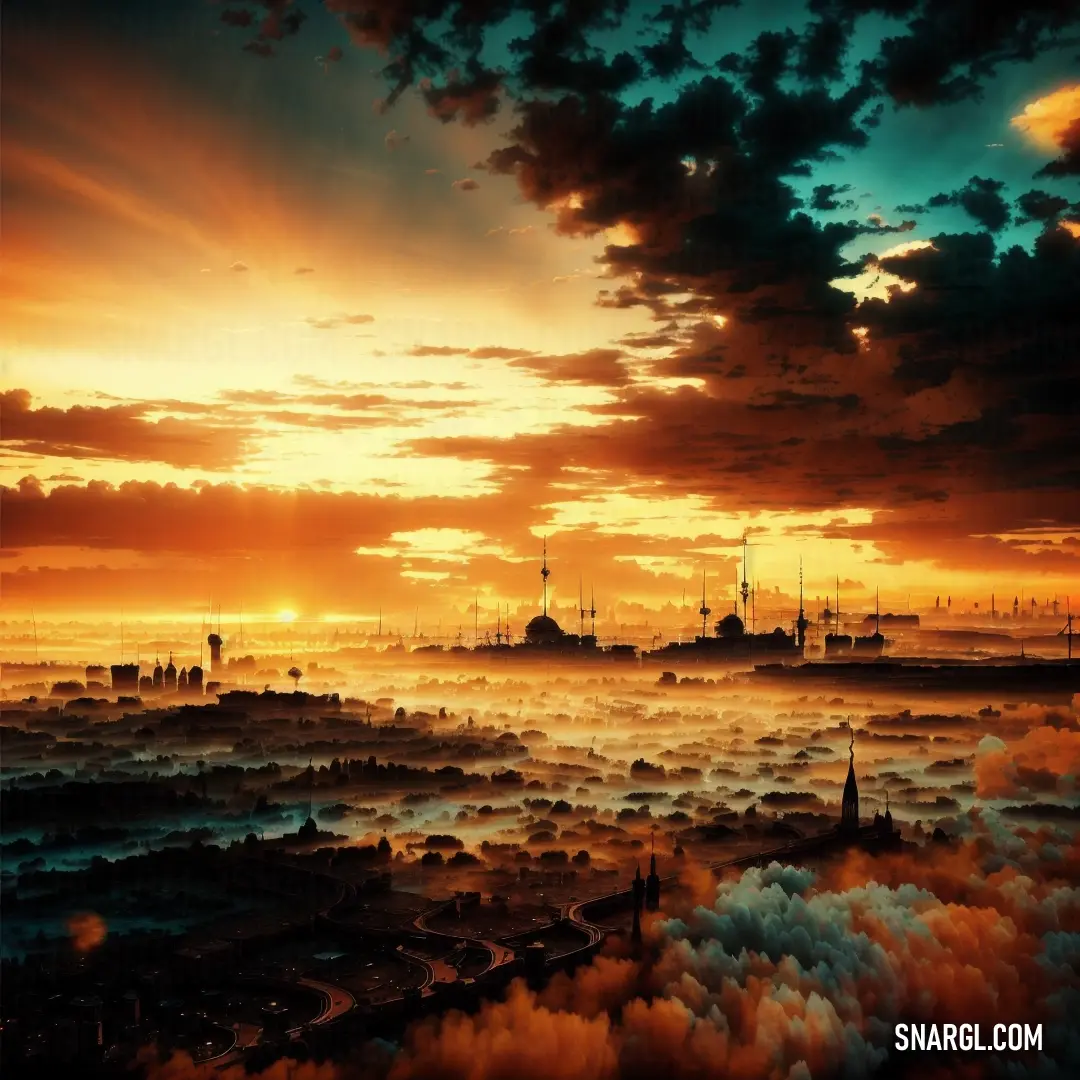 Sunset view of a city with ships in the water and clouds in the sky above it and a few buildings in the distance